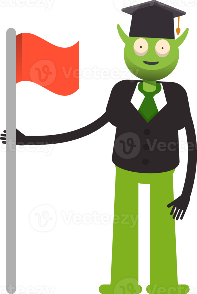 Monster Student Character Standing with Flag Pole png