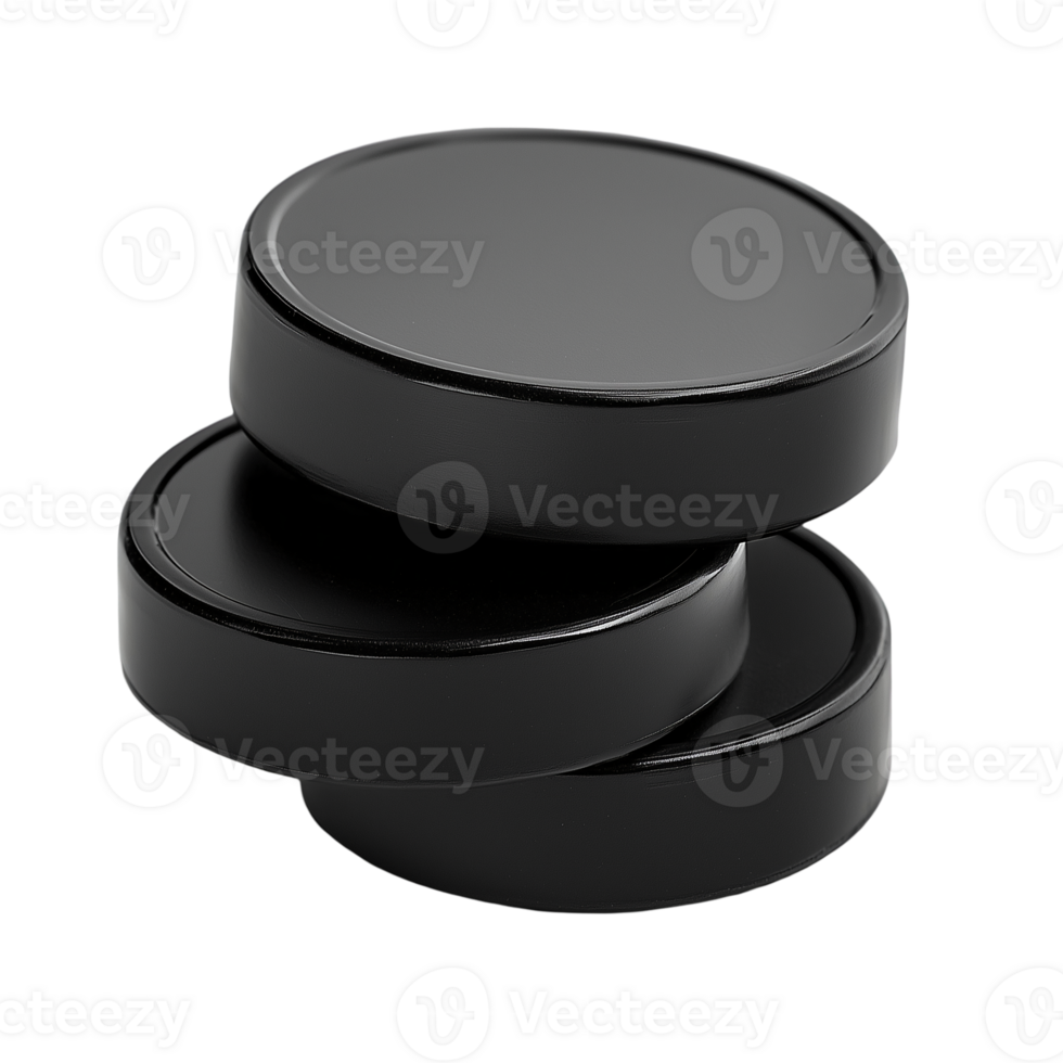 Black Round Lids Stacked Product Mockup Design 3d top dark view shiny png