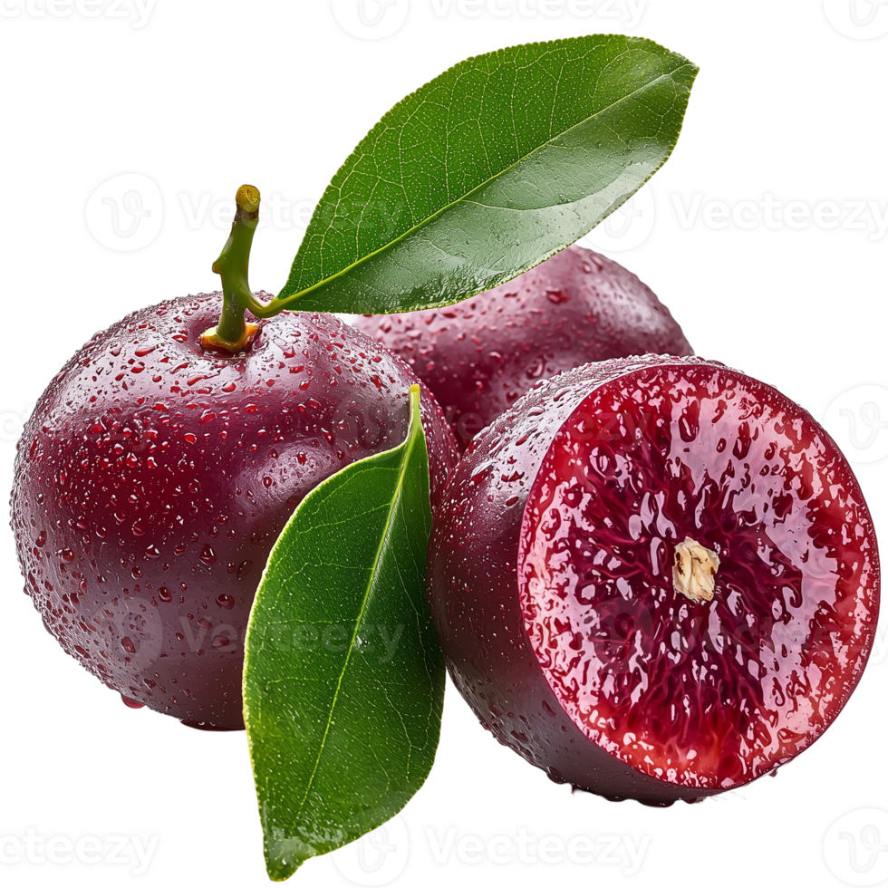 Fresh Juicy Red Plums with Green Leaves Isolated Food Life Ripe Fruit png