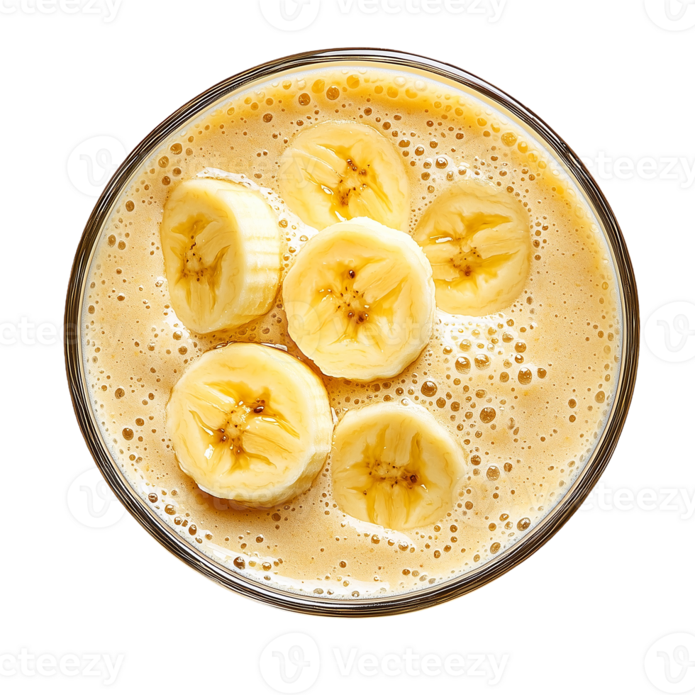 Delicious banana smoothie in glass, top view, healthy breakfast idea isolated on transparent background png