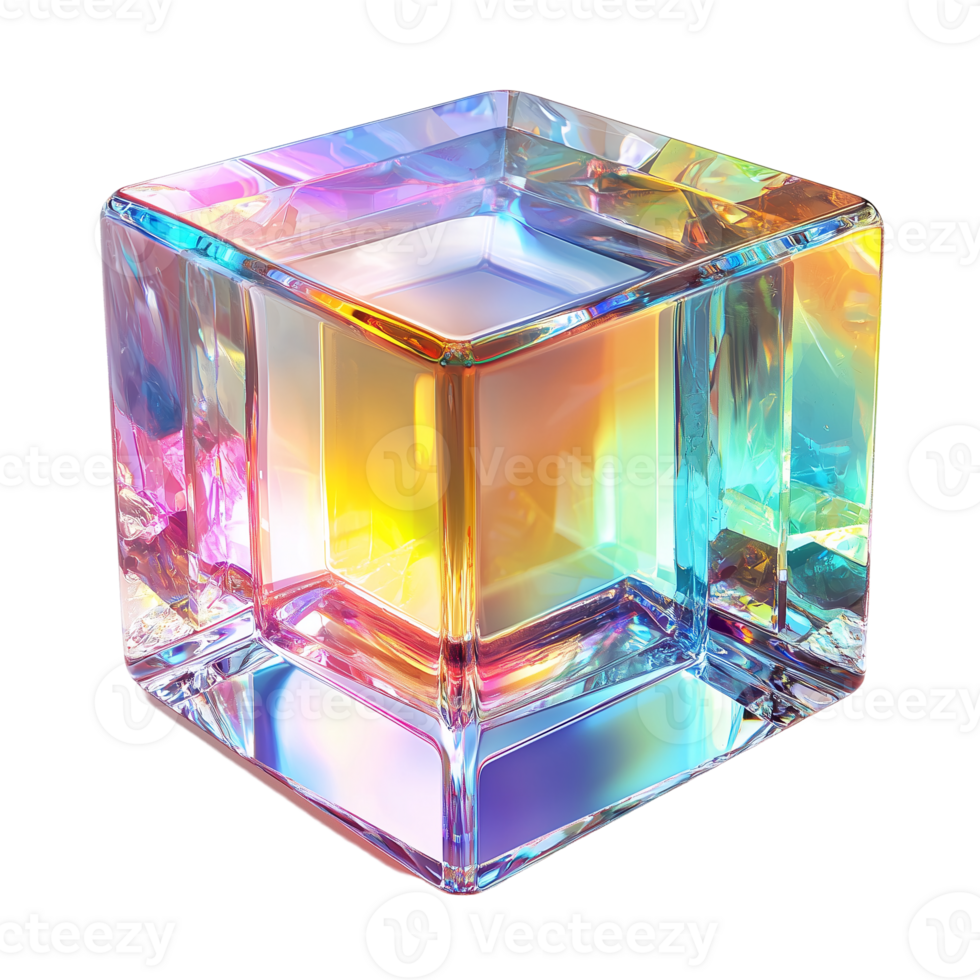 Iridescent cube crystal glass refraction prism light dispersion art isolated on transparent background png