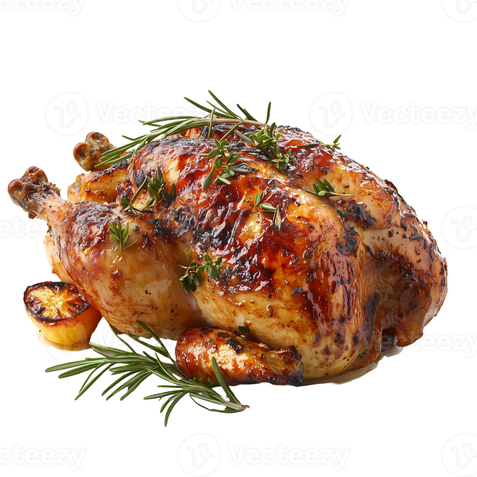 Delicious roasted chicken with herbs and lemon ready to be served isolated on transparent background png