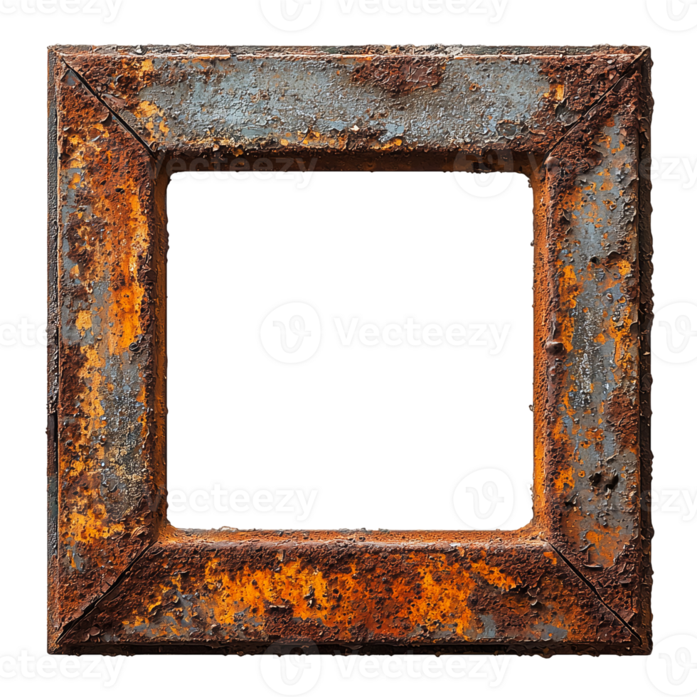Rusty metal frame aged weathered texture square border design element isolated on transparent background png
