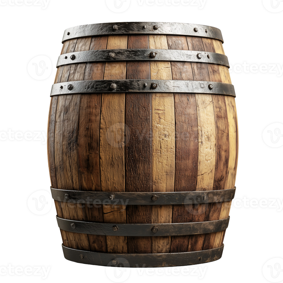 Rustic wooden barrel container for wine or whiskey storage concept isolated on transparent background png