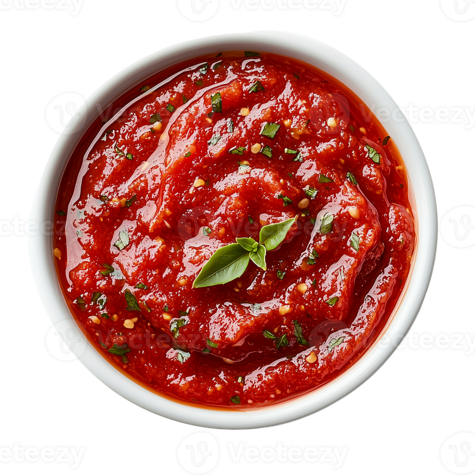 Bowl of fresh tomato sauce with basil for pasta or pizza recipe isolated on transparent background png