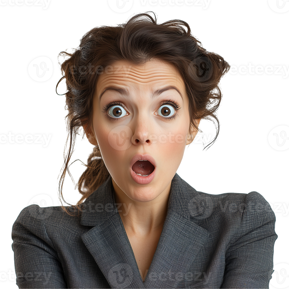 Surprised woman portrait with open mouth and big eyes expression isolated on transparent background png