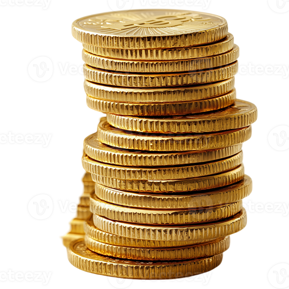Gold coins stack finance wealth investment savings currency money isolated on transparent background png