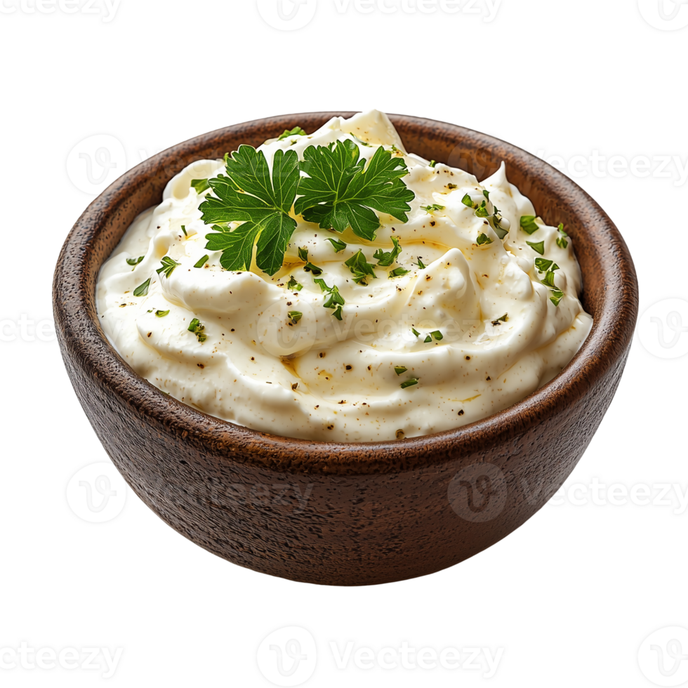 Creamy dip in wooden bowl with fresh parsley food presentation isolated on transparent background png