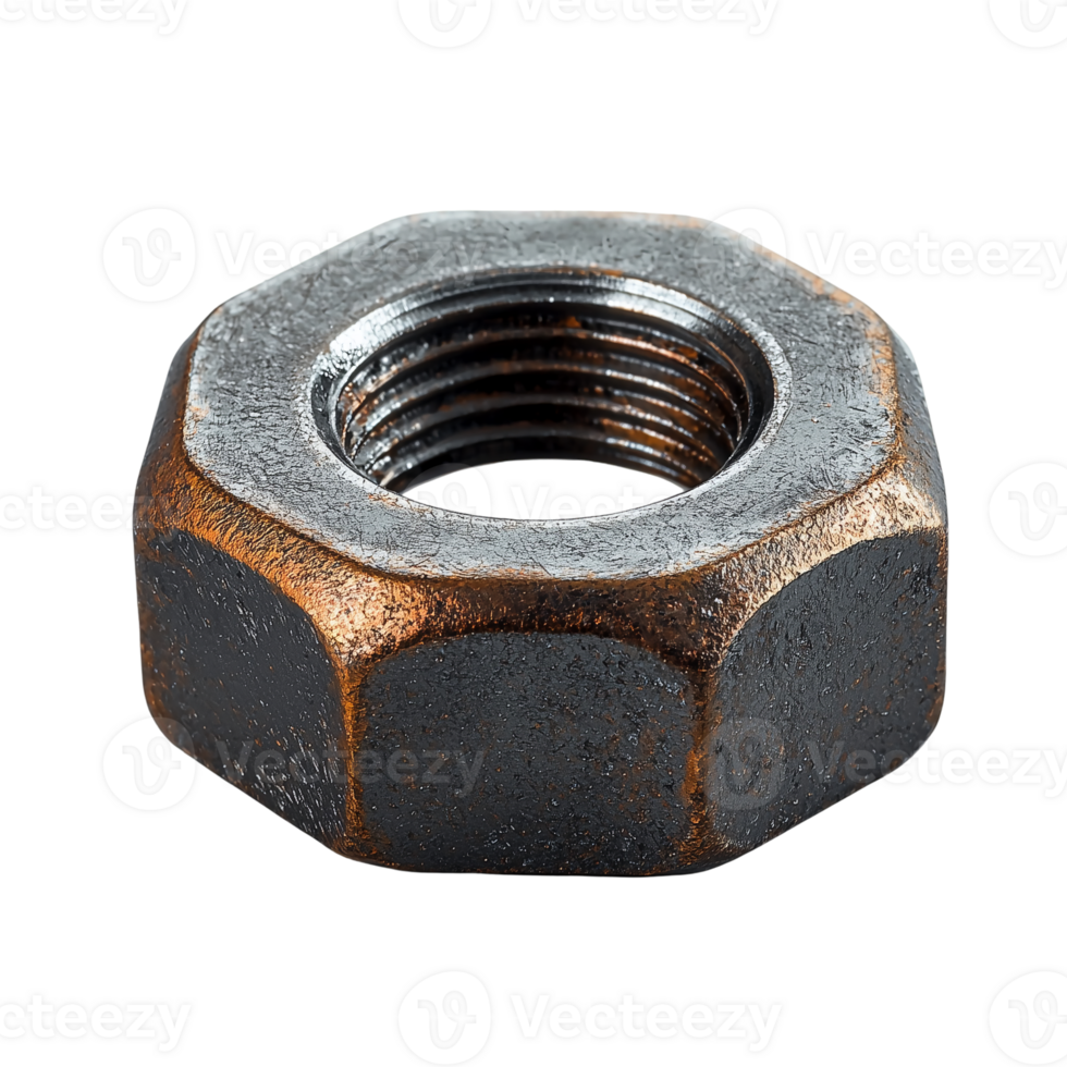 Close up of a metal nut industrial fastener hardware component part isolated on transparent background png