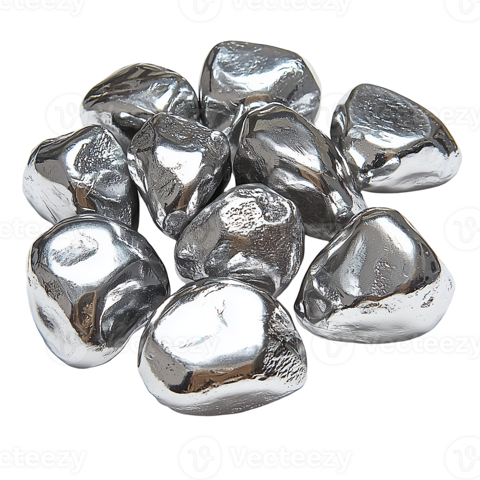 Shiny silver nuggets pile precious metals treasure decorative art isolated on transparent background png