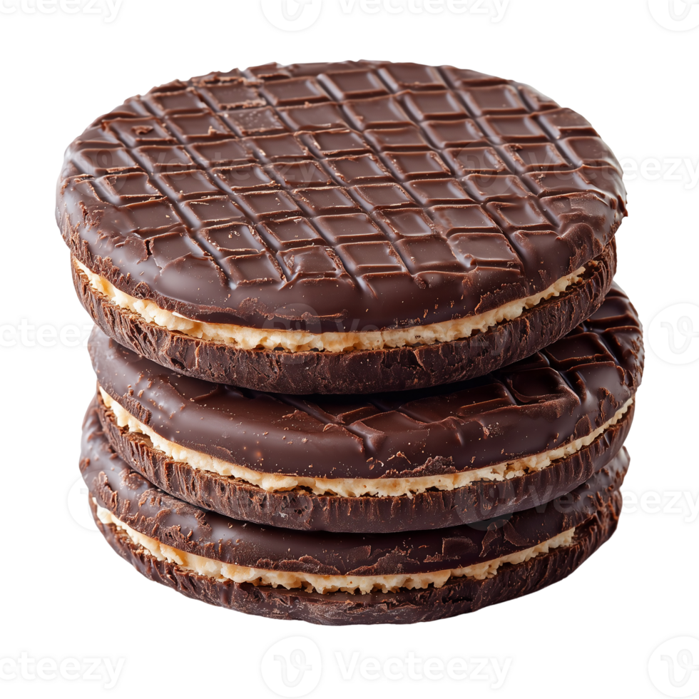 Stack of three chocolate cookies with cream filling dessert sweets isolated on transparent background png