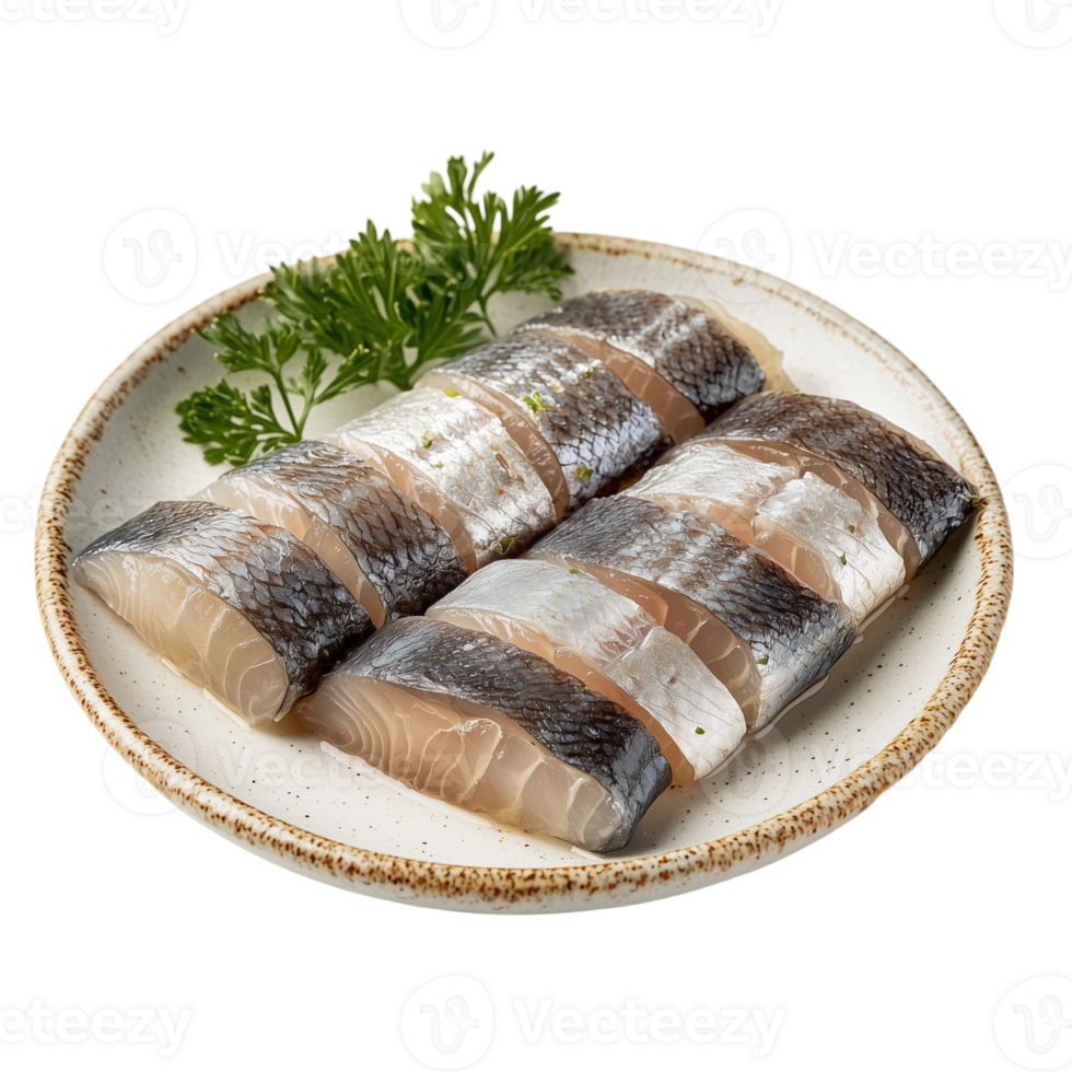 Herring fillets sliced on plate with parsley garnish seafood dish isolated on transparent background png