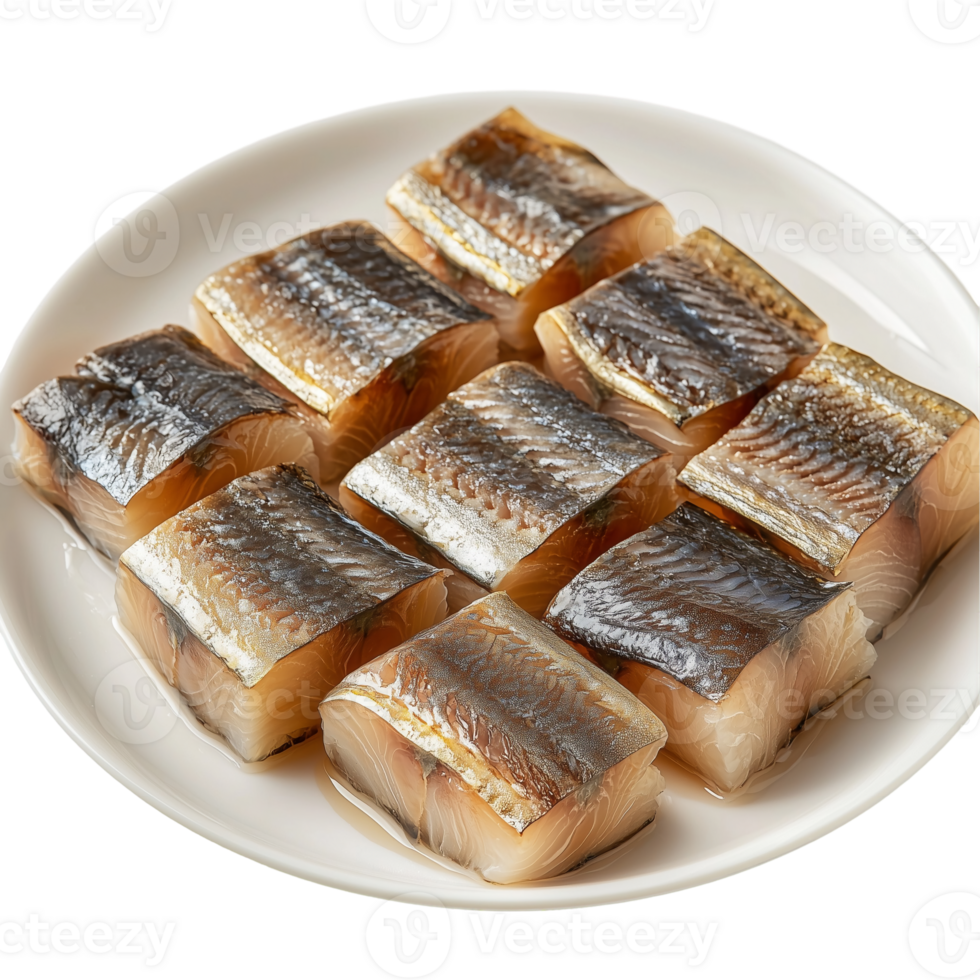 Fresh herring fillets on a plate ready to eat seafood delicacy isolated on transparent background png
