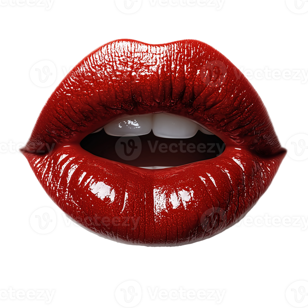 Red lipstick beauty makeup close up of luscious lips and teeth art isolated on transparent background png