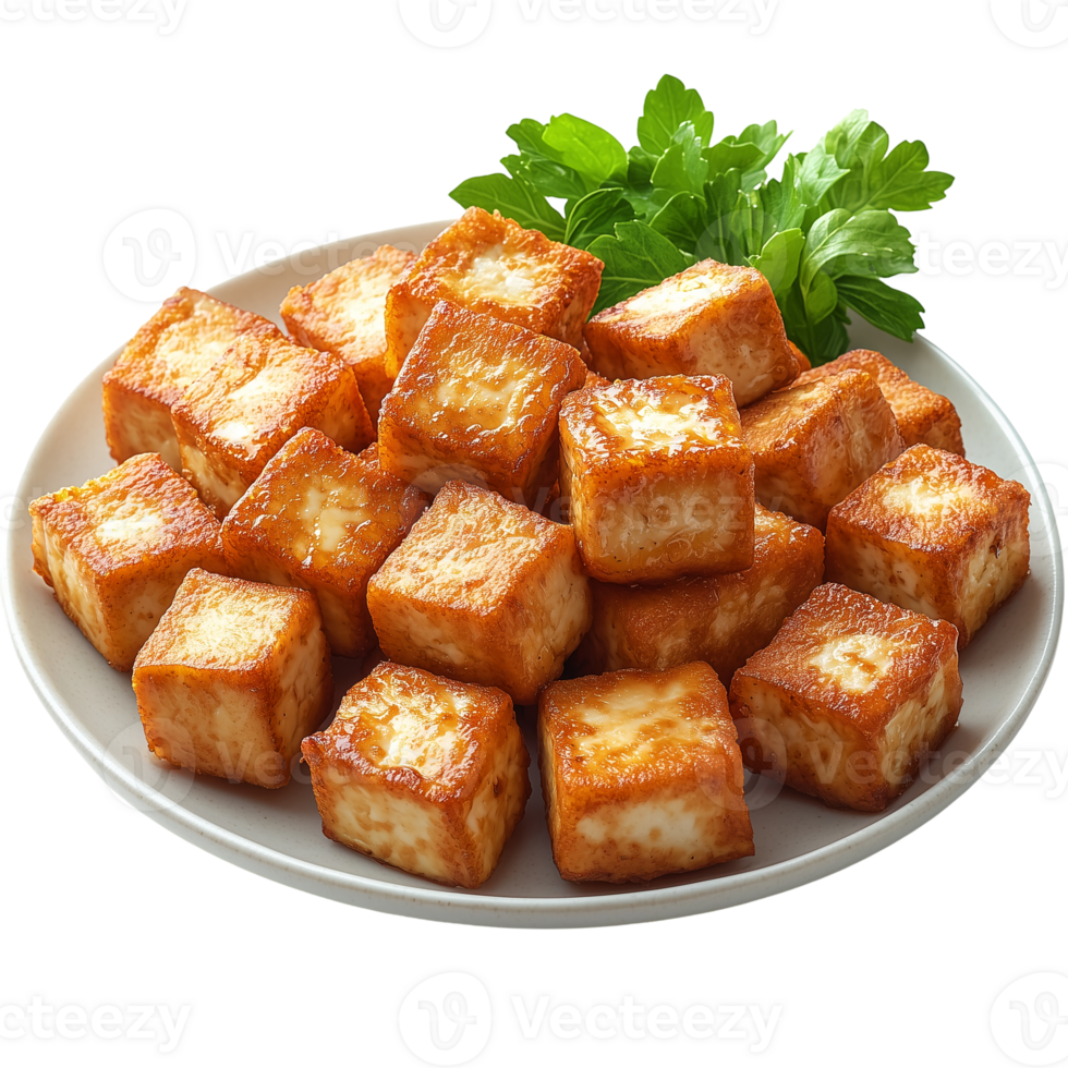 Delicious fried tofu cubes served on a plate with fresh herbs garnish isolated on transparent background png