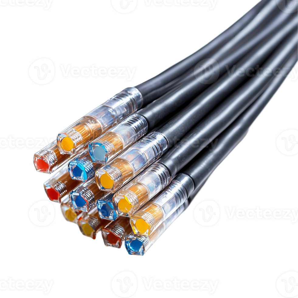 Fiber optic cables close up for internet and data transmission use isolated on transparent background png