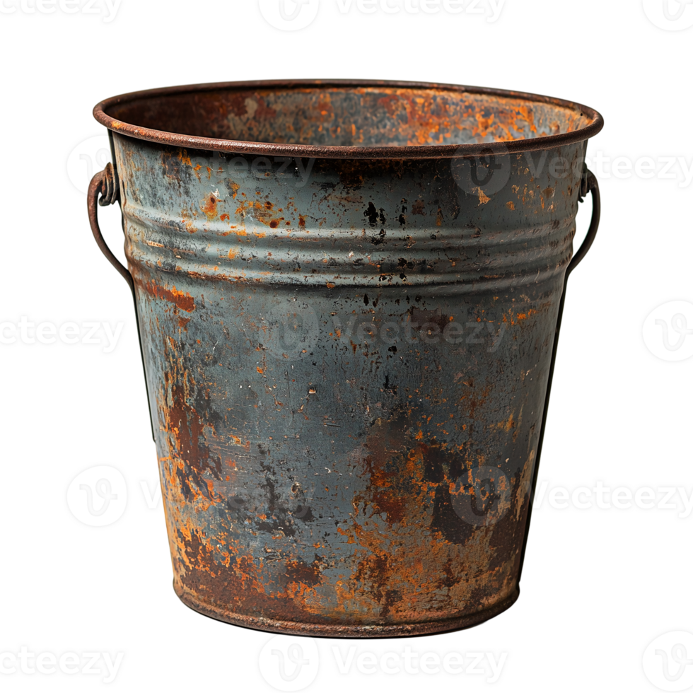 Old weathered metal bucket container pail with rust and corrosion isolated on transparent background png