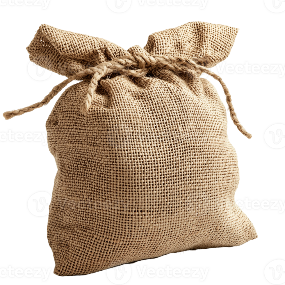 Close up burlap sack bag with tie string package product material isolated on transparent background png