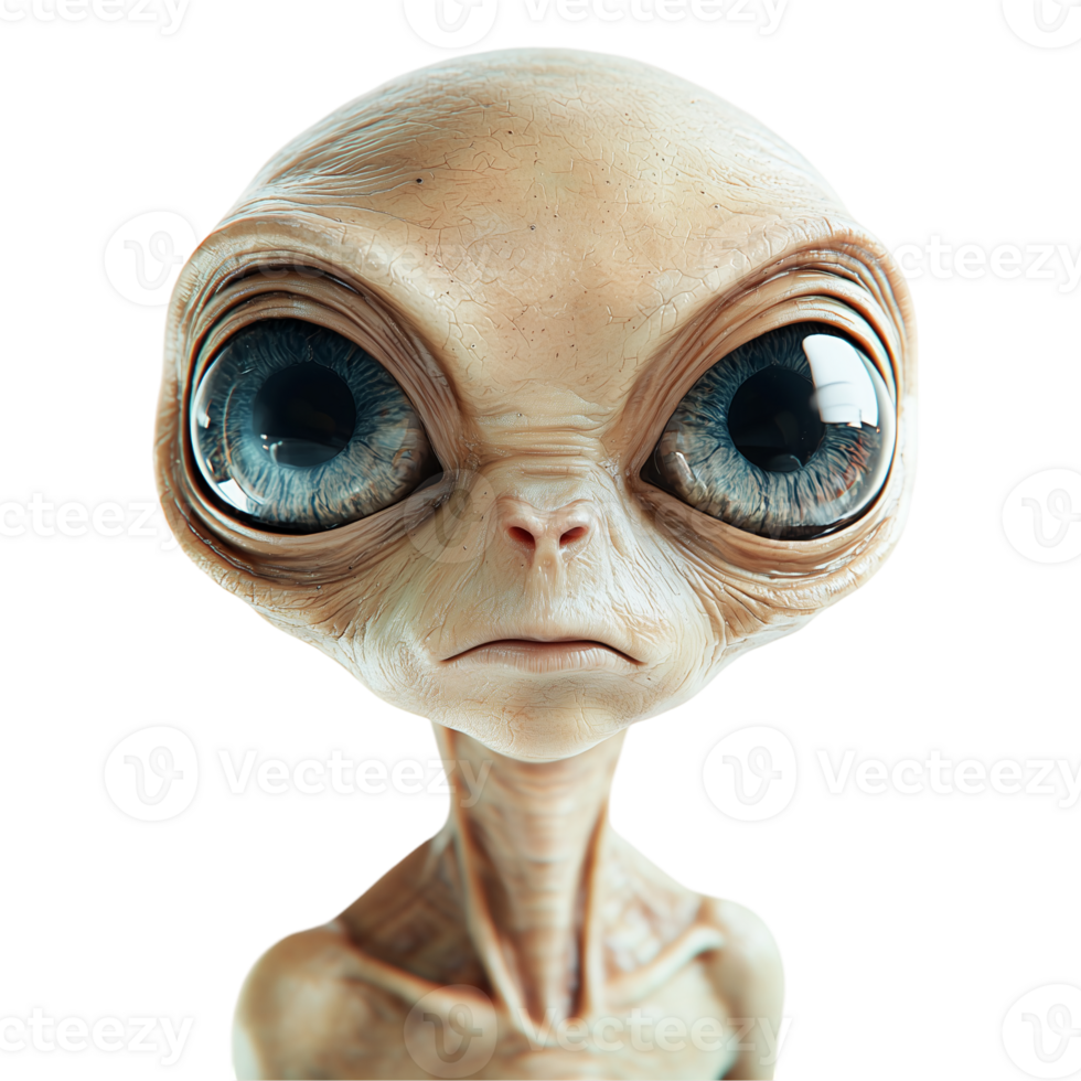 Extraterrestrial being with large eyes digital artwork rendering isolated on transparent background png