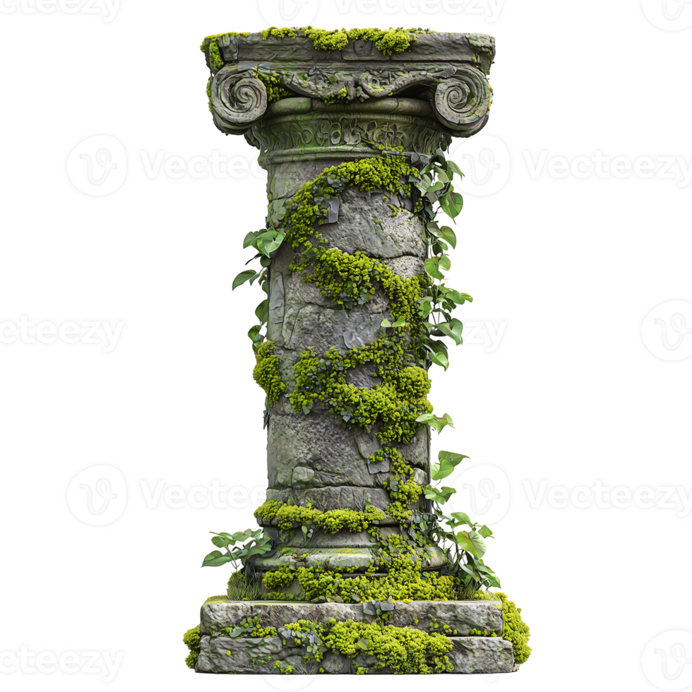 Ancient stone column with moss and vines architecture element art isolated on transparent background png