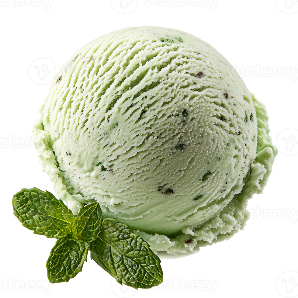 Scoop of mint chocolate chip ice cream with fresh mint leaves isolated on transparent background png