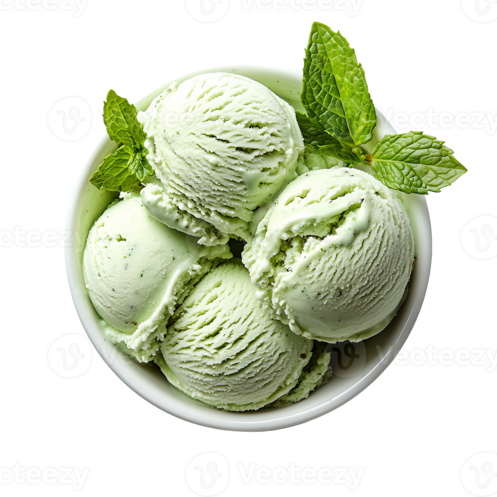 Delicious mint ice cream scoops in a bowl, refreshing dessert food isolated on transparent background png