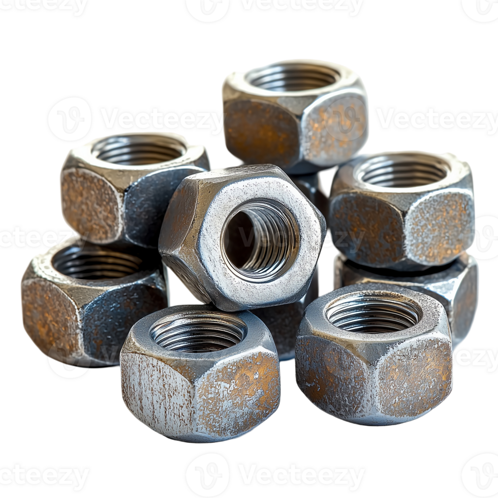 Collection of metal nuts construction hardware industrial parts isolated on transparent background png