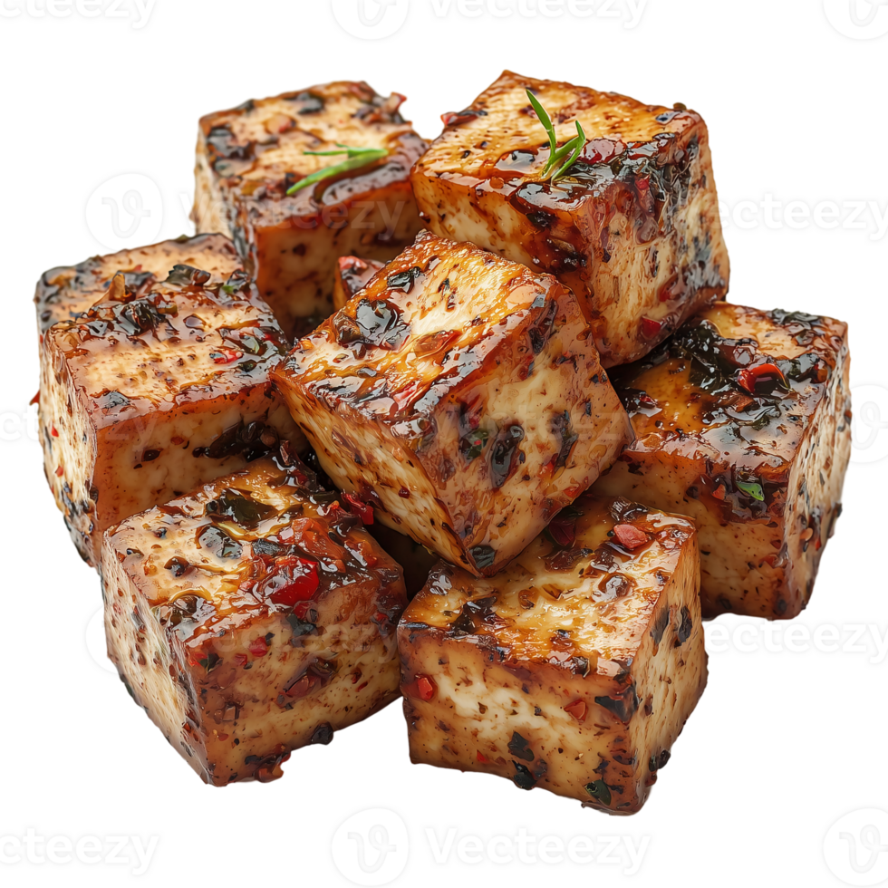 Delicious marinated tofu cubes food photography for vegan meal preparation isolated on transparent background png