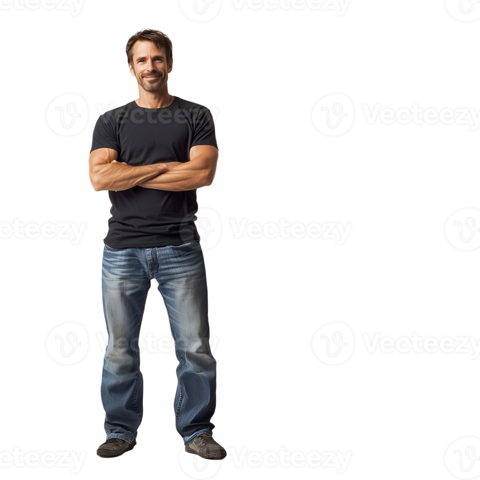Full body portrait of smiling man with arms crossed wearing casual clothes isolated on transparent background png