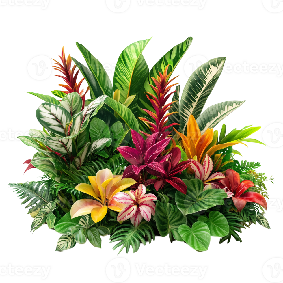 Tropical floral arrangement with colorful blossoms and lush green foliage isolated on transparent background png