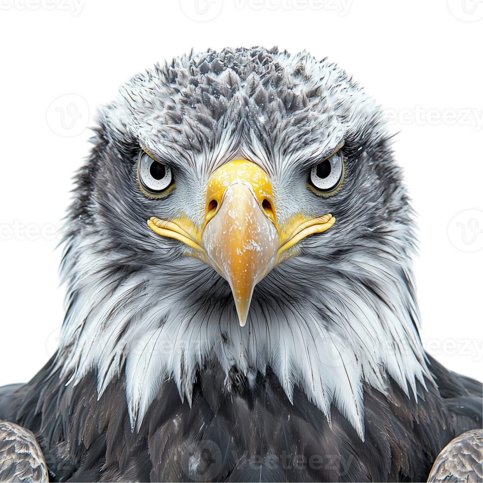 Bald eagle close up portrait of majestic bird with sharp eyes and beak view isolated on transparent background png