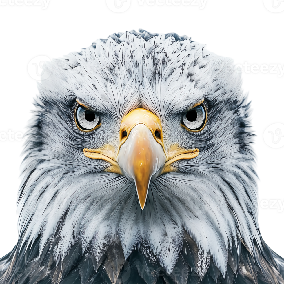 Close up portrait of bald eagle face with sharp eyes and beak wildlife bird isolated on transparent background png