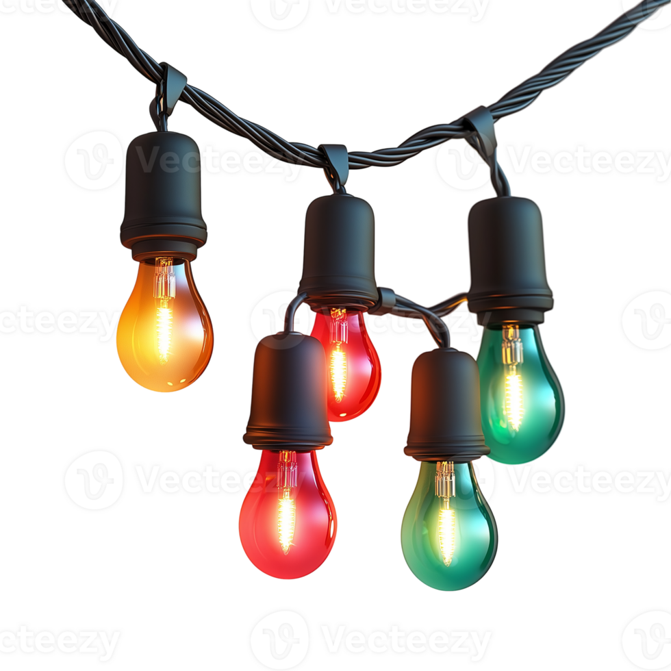 Colorful light bulbs string lights party lights christmas lights decoration isolated on transparent background png
