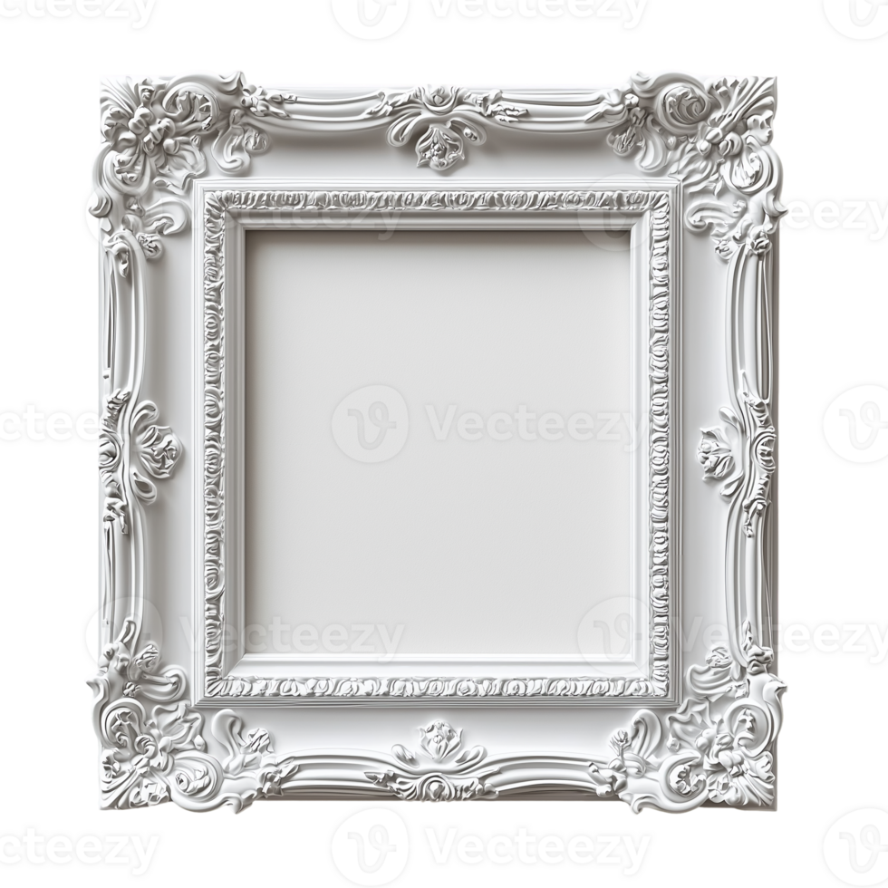 Ornate white frame template for artwork display and decorative projects isolated on transparent background png