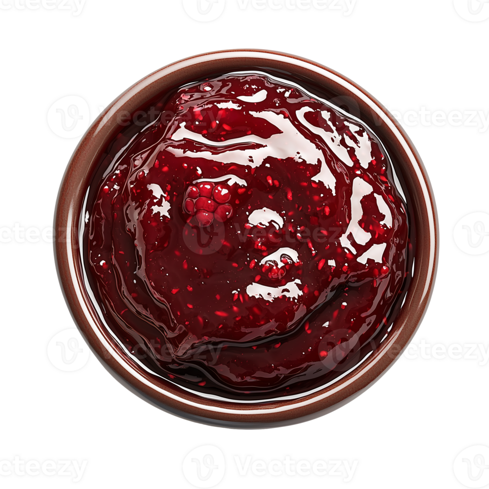 Raspberry jam in bowl close up fresh fruit spread delicious food product isolated on transparent background png