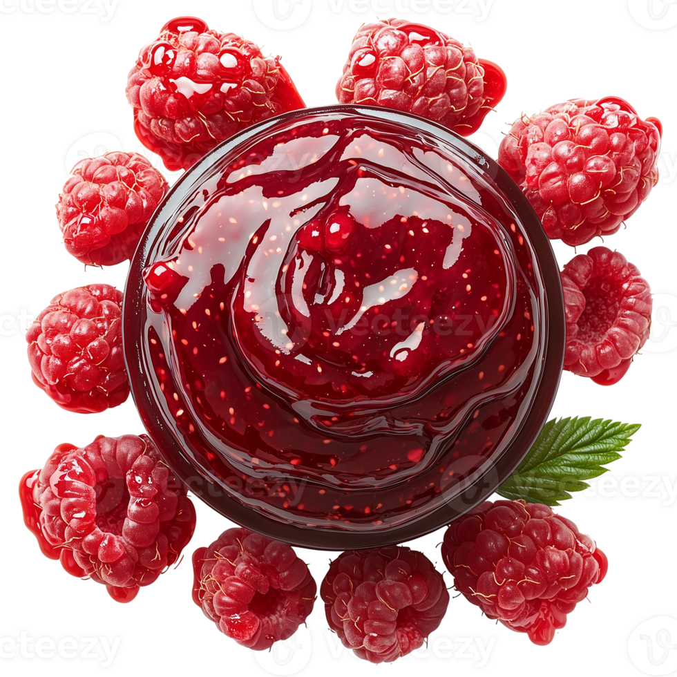 Fresh raspberry jam in a bowl with raspberries around it on background isolated on transparent background png