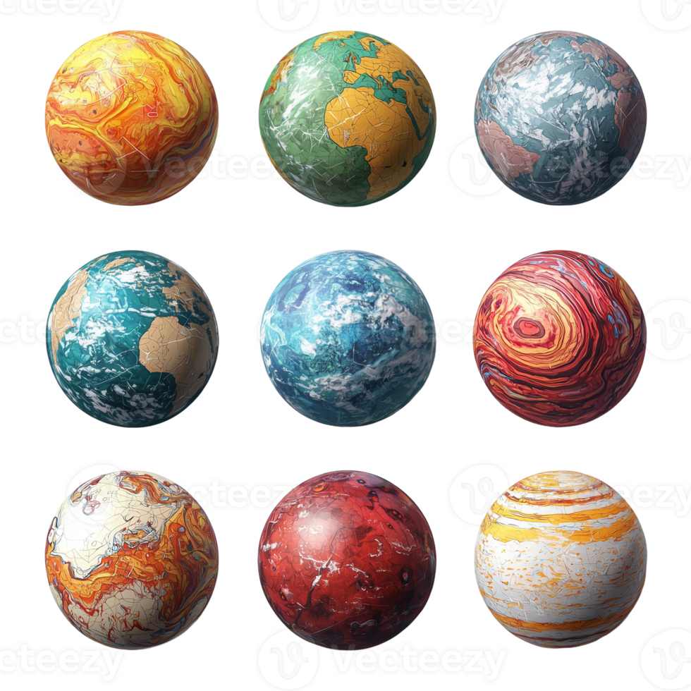 Nine colorful planet globes set against a plain background for design work isolated on transparent background png