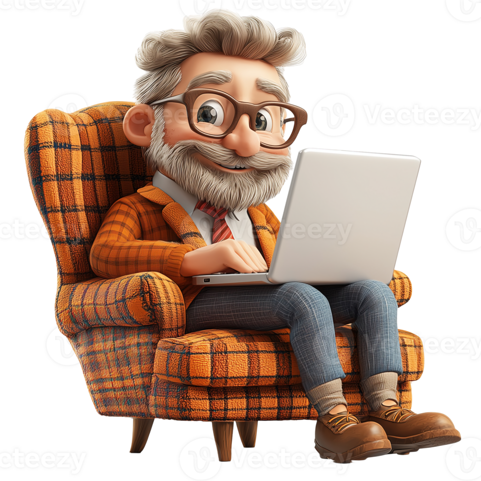 Cartoon man working on laptop computer sitting in chair relaxed at home isolated on transparent background png