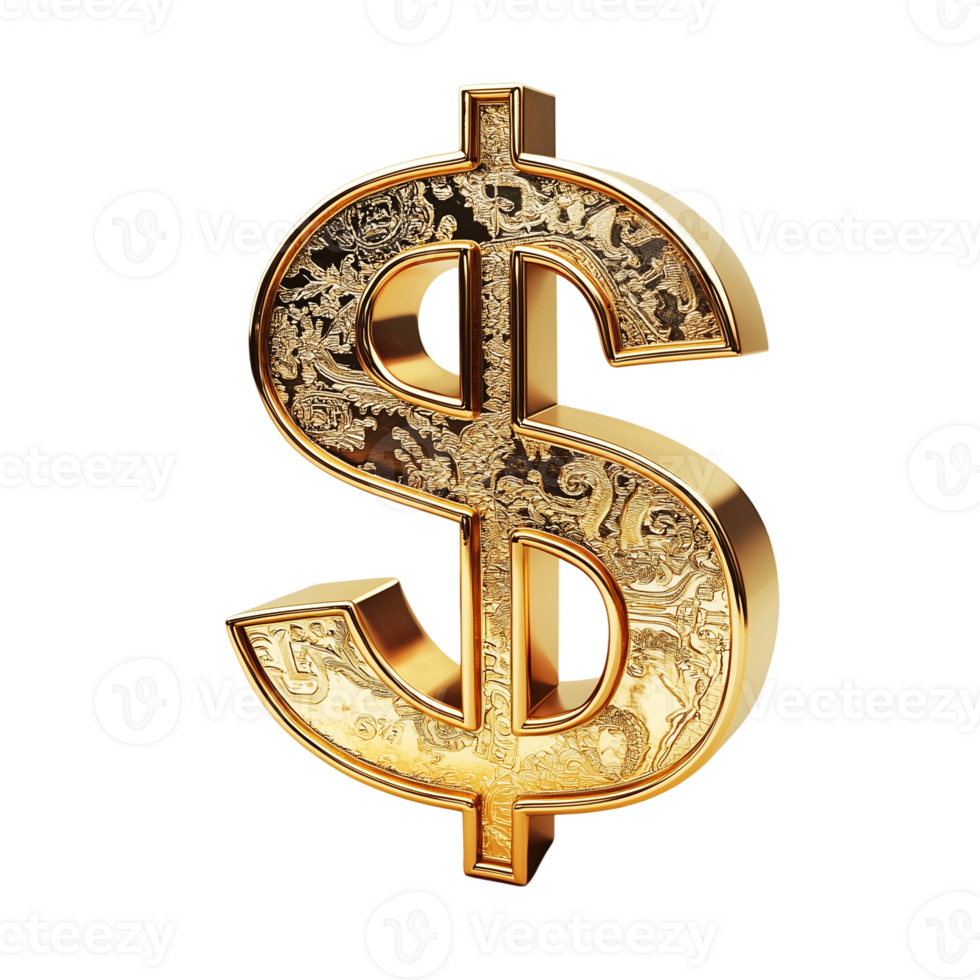 Golden dollar sign currency symbol finance wealth money value investment isolated on transparent background png