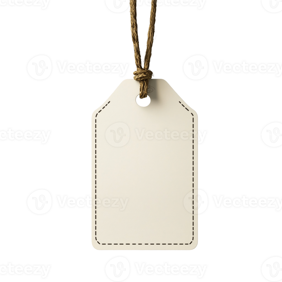 Blank price tag label template hanging with string on a dark background isolated on transparent background png