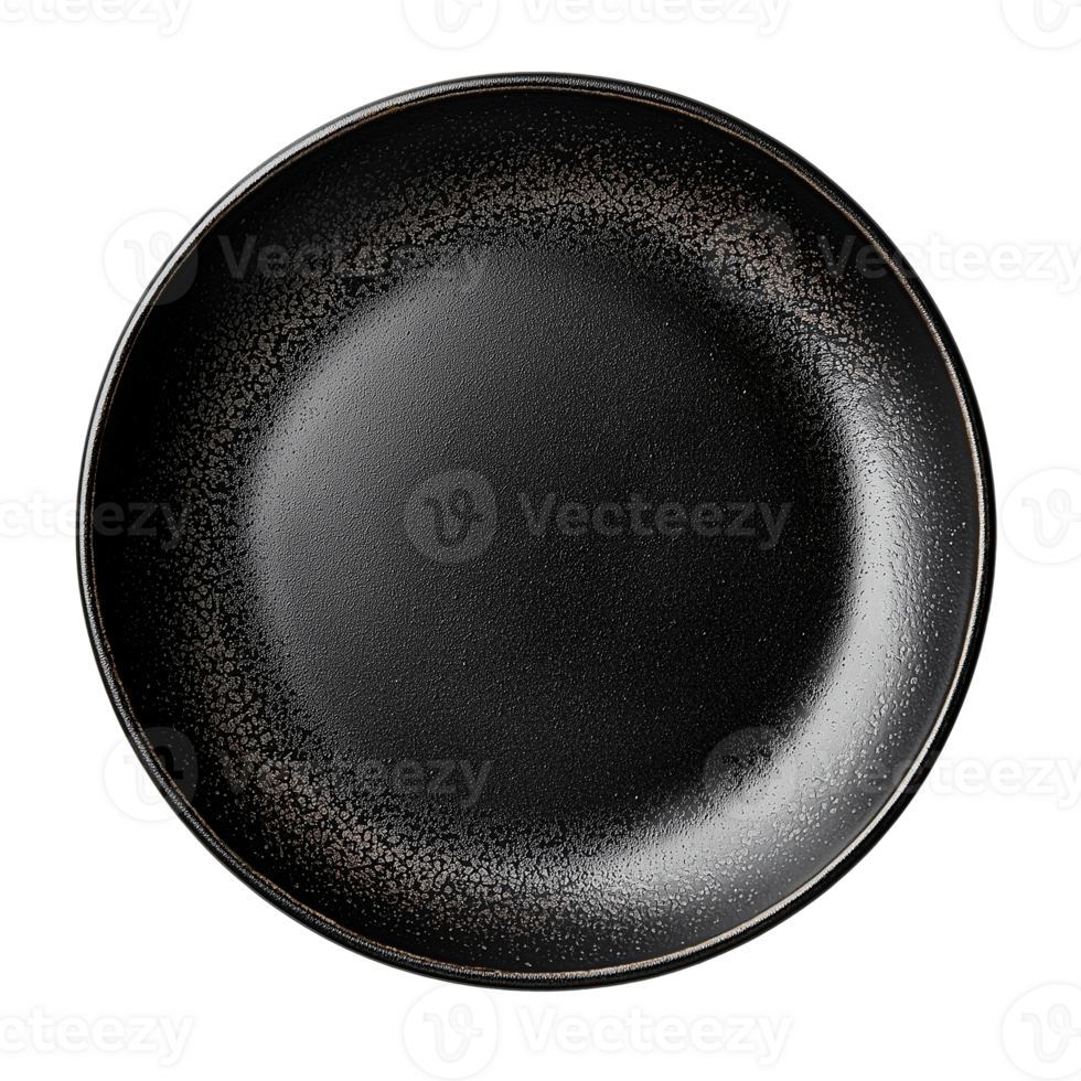 Overhead view of an empty round ceramic plate for food presentation dishware isolated on transparent background png