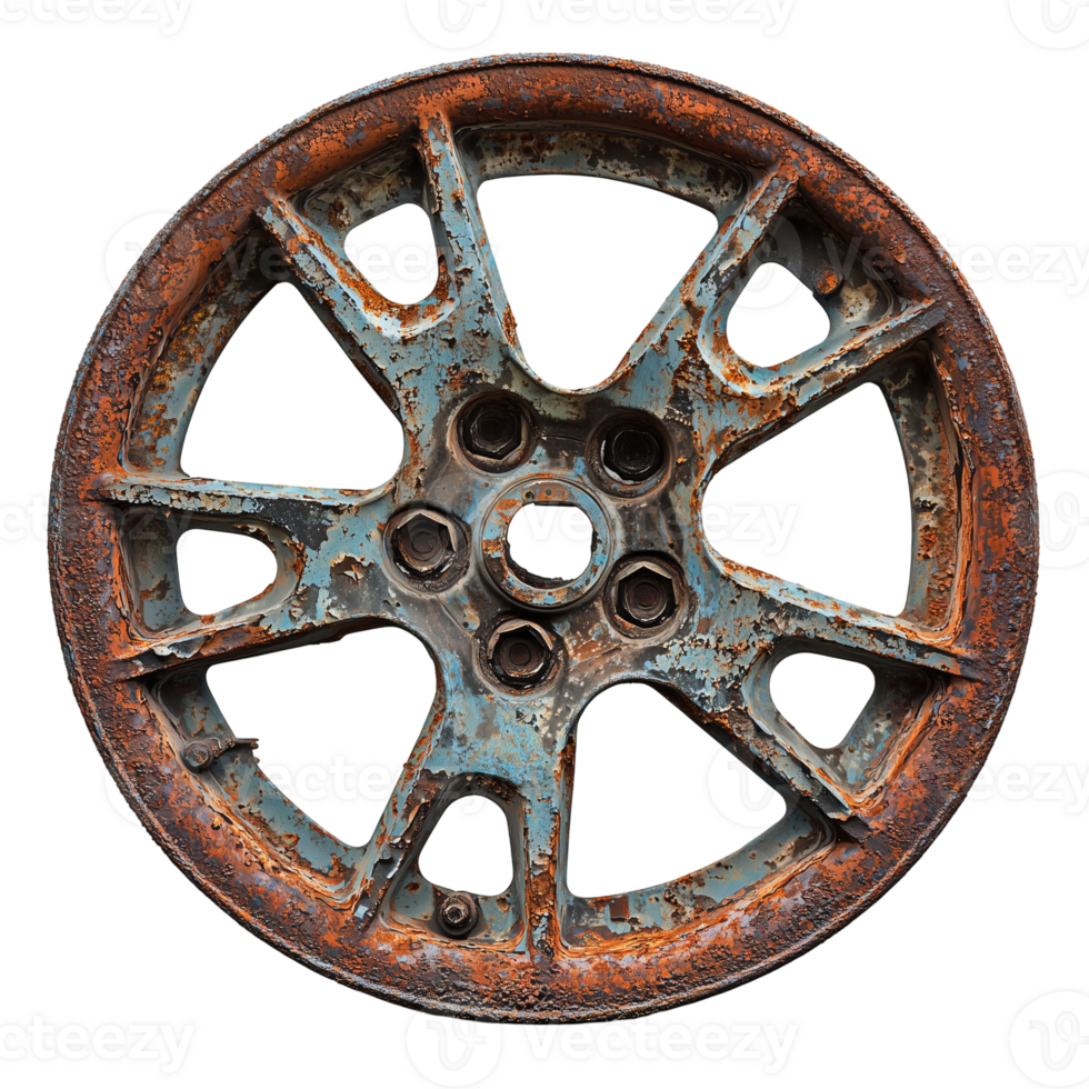 Rusty old weathered car wheel rim automobile part automotive component detail isolated on transparent background png