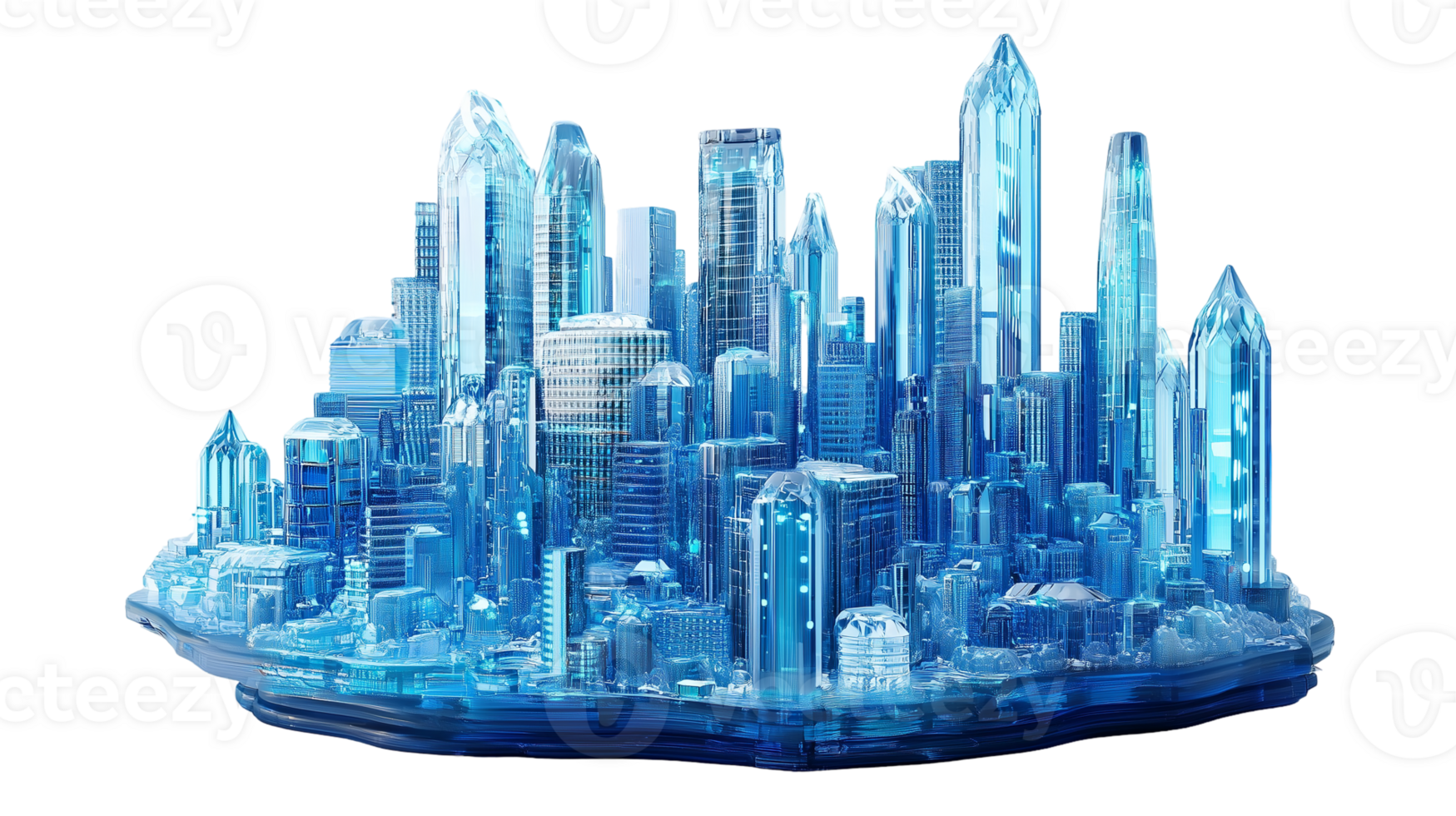 Futuristic city skyline crystal structure rendering cityscape art isolated on transparent background png