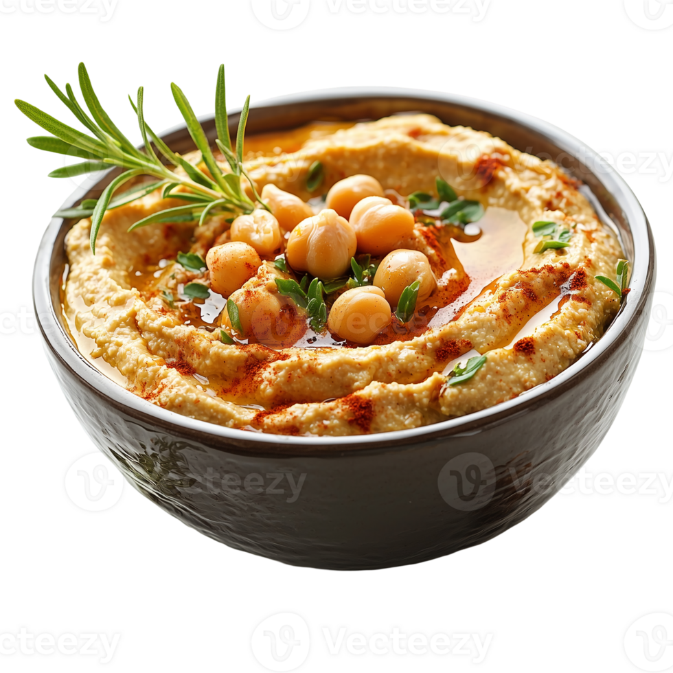 Delicious hummus recipe with chickpeas and herbs in a ceramic bowl dish isolated on transparent background png