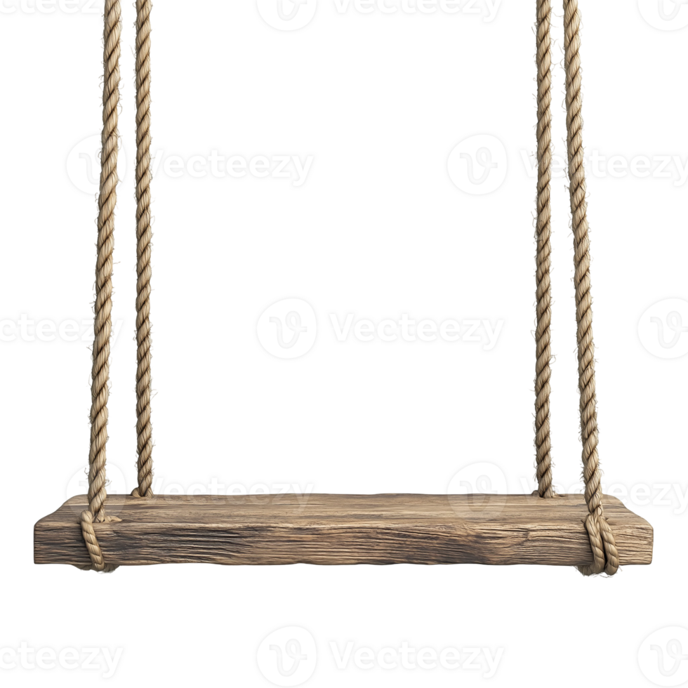 Rustic wooden swing with rope, childhood memories, playground equipment isolated on transparent background png