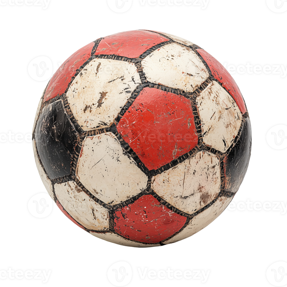 Worn soccer ball football sport game equipment red white and black design isolated on transparent background png