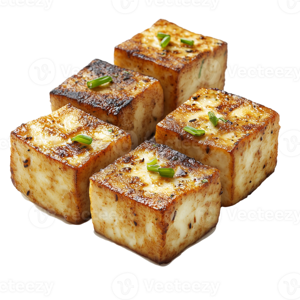 Delicious grilled tofu cubes with scallions ready to be served food isolated on transparent background png