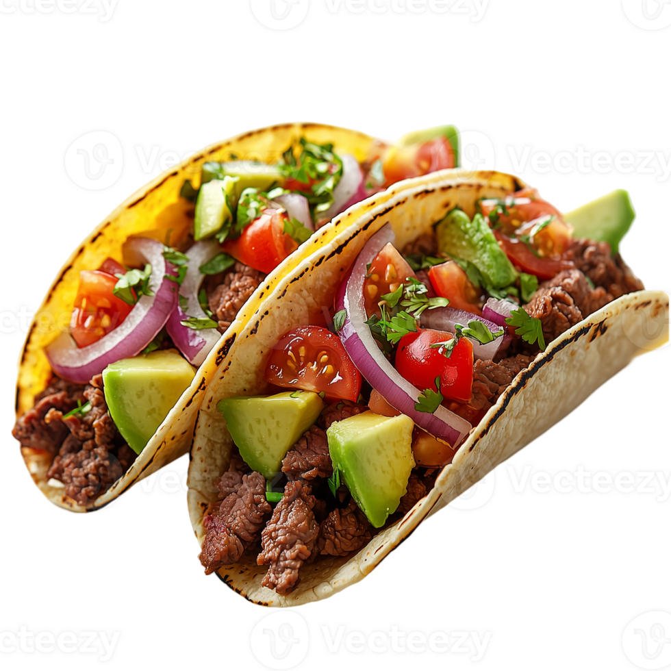 Delicious beef tacos with avocado tomato and onion food presentation isolated on transparent background png
