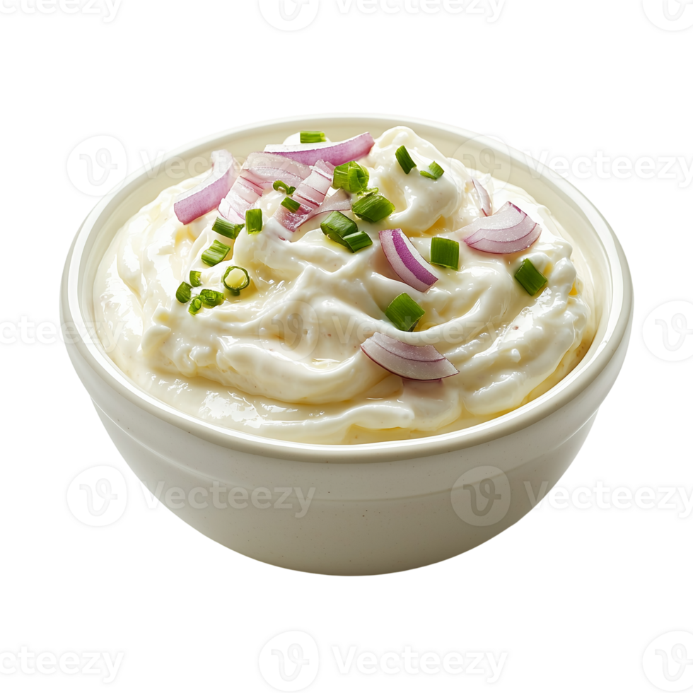 Creamy dip with onions and chives appetizer food presentation bowl isolated on transparent background png