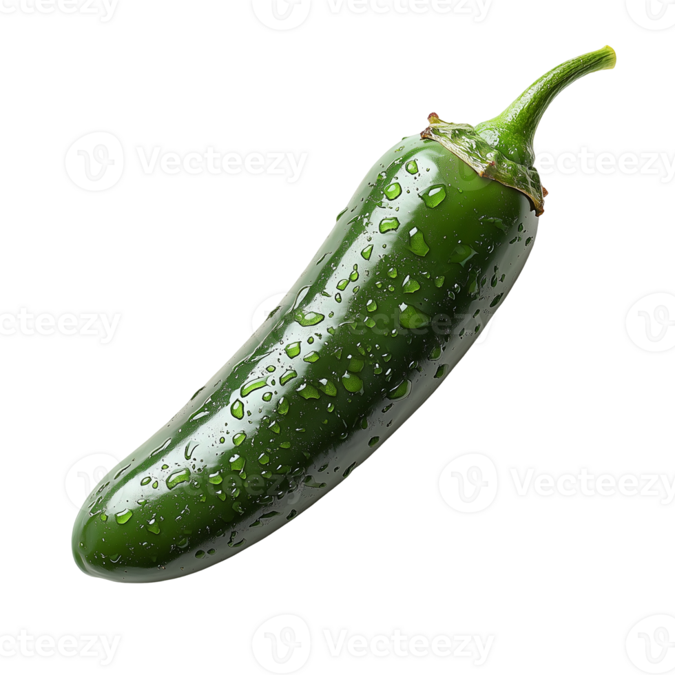 Fresh green jalapeno pepper with water droplets close up studio shot isolated on transparent background png